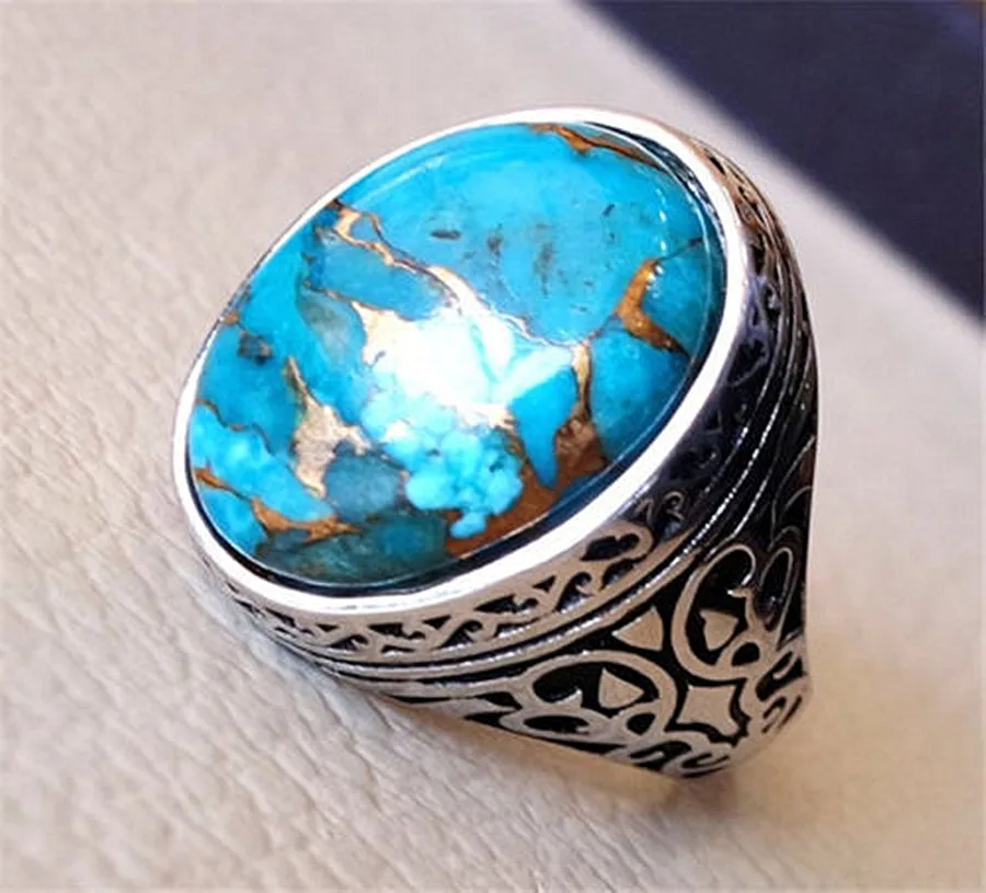 Vintage Fashion Carving Turquoise Gemstones Rings for Men Women Thai Silver Color Jewelry Bague Bijoux Party Accessories Gifts