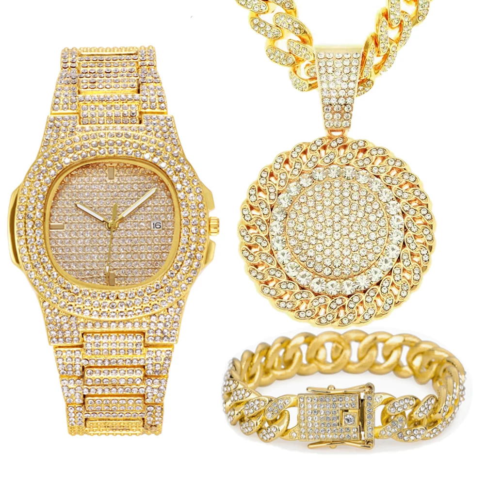 3pcs Iced Out Necklace Bracelet Paved Rhinestone 13MM Full Miami Curb Cuban Chain Bling Gold Watch for Men Hip Hop Jewelry