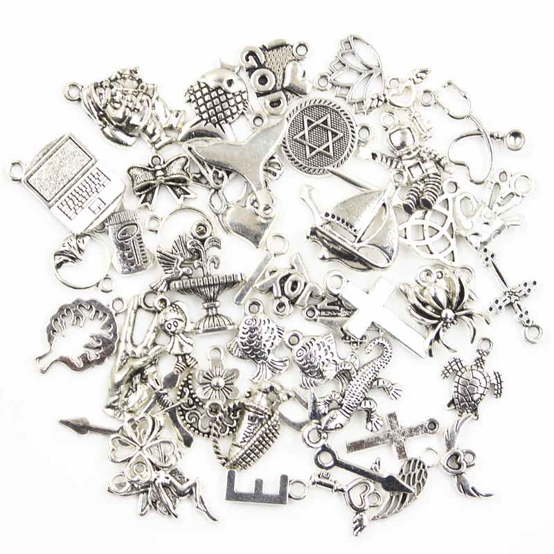 30pcs Charms Sun Moon Horse Crown Leaf Fish Clover Antique Bronze Silver Color Mixed Pendants DIY Making FindingsTibetan Jewelry