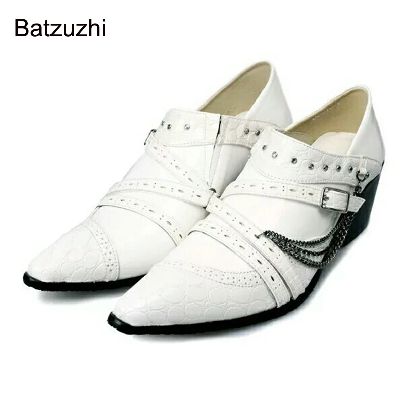 

Batzuzhi 6.5cm High Heels Men's Shoes Japanese Type Leather Dress Shoes Men White Business/Party/Wedding Shoes with Chians