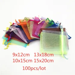 Sacs en Organza pour Bijoux, Pochettes d'Emballage, 9x12 cm, 10x15 cm, 13x18 cm, 15x20cm, 100 Pièces