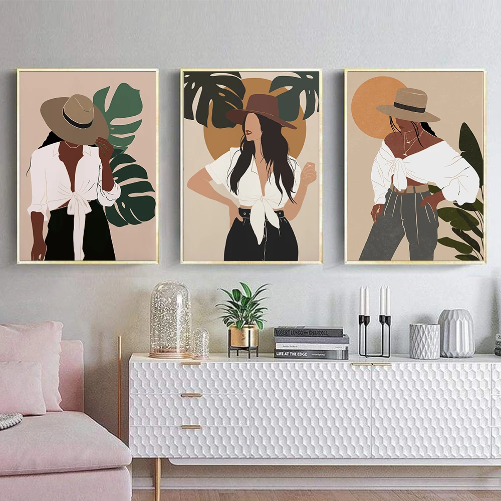 

Black Girl Portrait Hat Art Canvas Painting Abstract Female Print Boho Woman Fashion Poster Wall Picture Living Room Home Decor