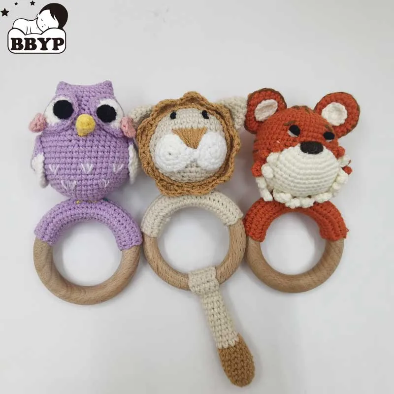 1PC Rabbit Tiger Lion Crochet Rattle Soother Bracelet Teether Set Baby Product Mobile Pram Crib Ring Wooden Toys