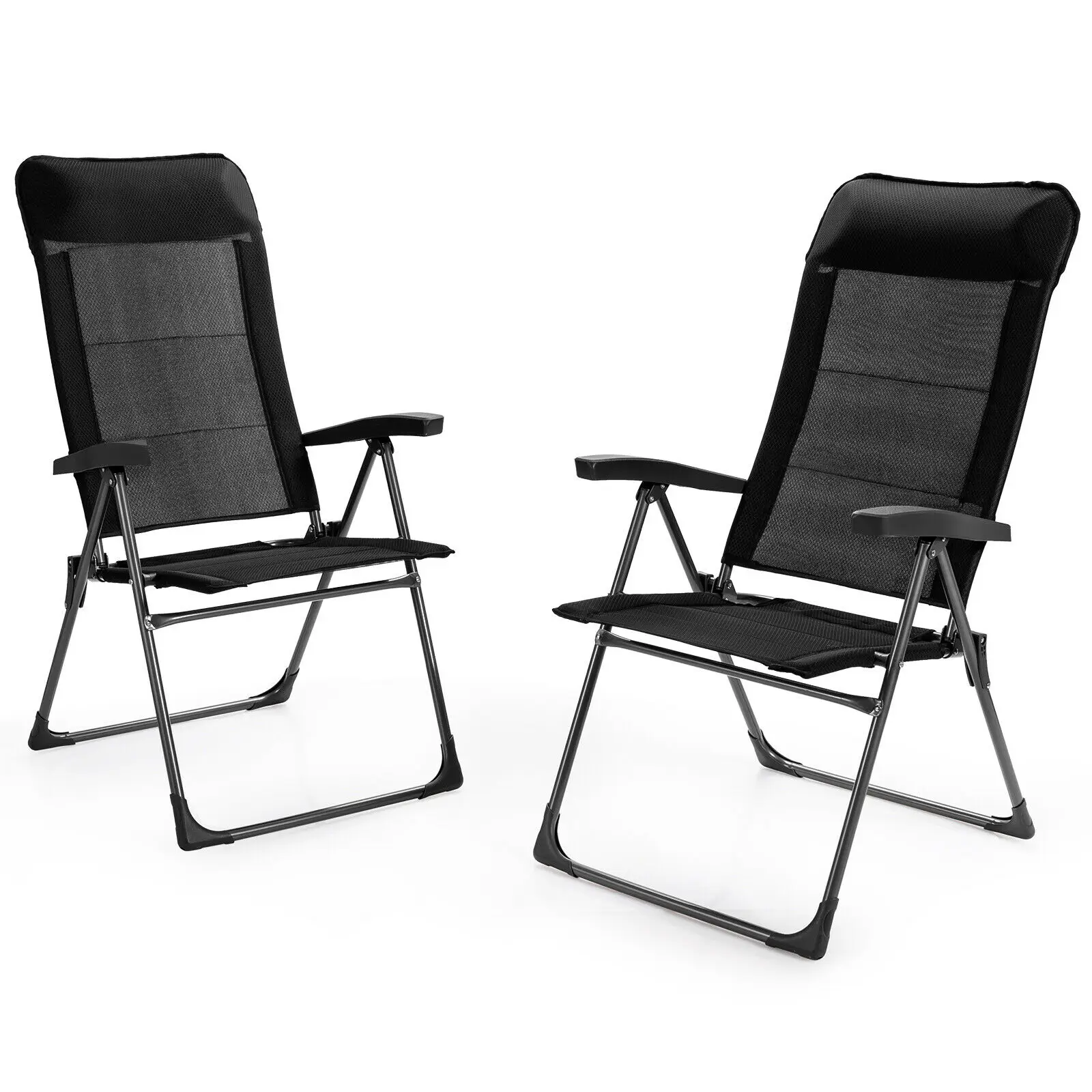 Patiojoy 2PCS Patio Folding Dining Chairs Portable Camping Headrest Adjust Black OP70731BK-2