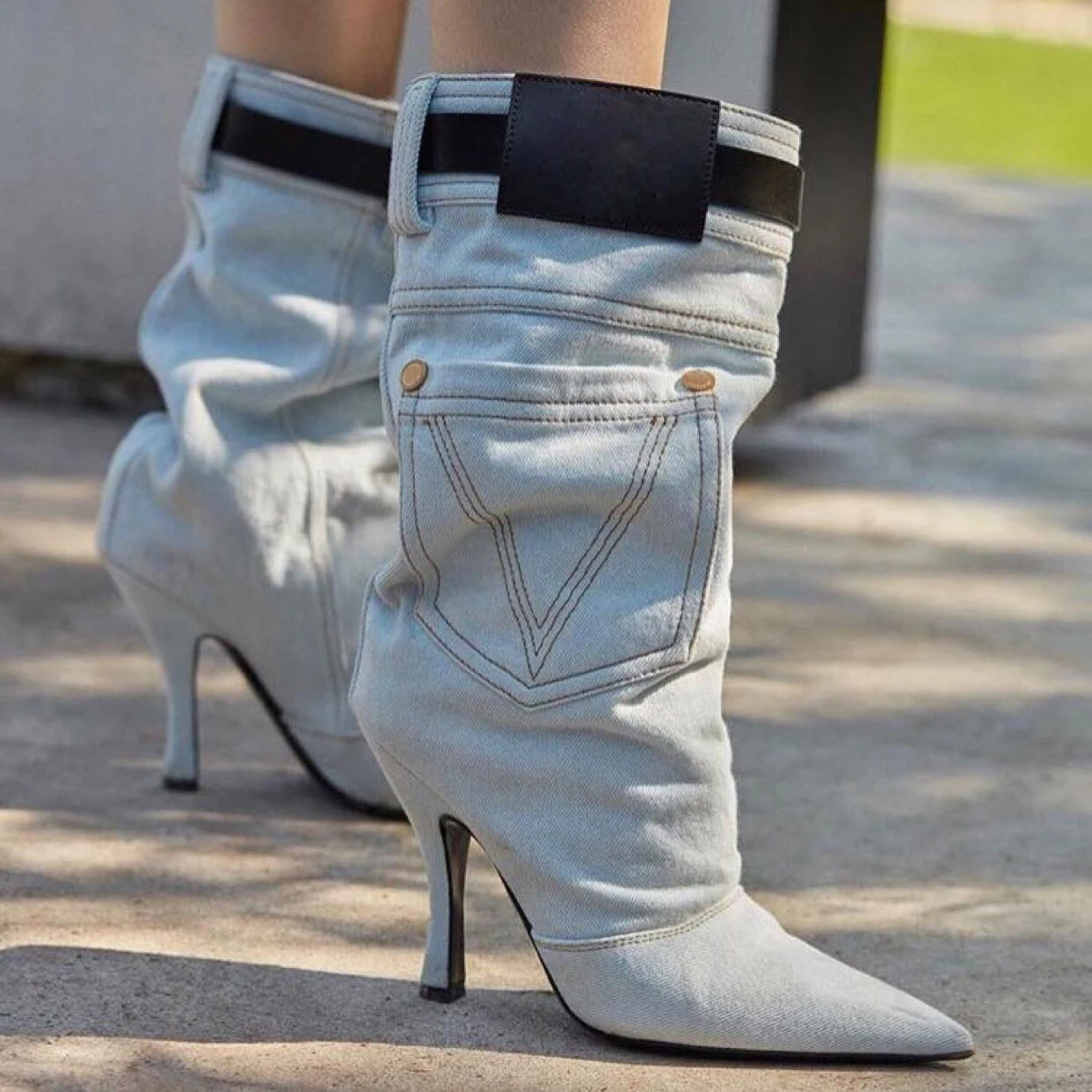 Chic Ladies Denim Cloth Belt Pocket Ankle Boots Thin High Heels Cowboy Boots Ladies Slip on Outfit Jeans Boots