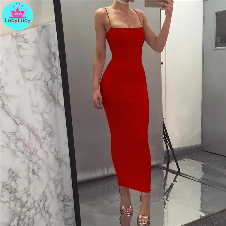 European and American women\'s summer new sexy slim tight solid color long dress Sleeveless Sheath Cotton