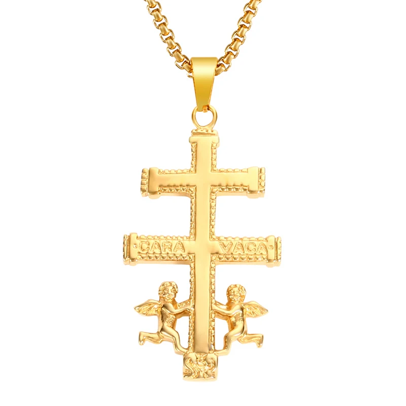 Stainless Steel Catholic Caravaca Crucifix Orthodox Russia Cross With Cherub Angel Christian Pendant Necklaces For Men