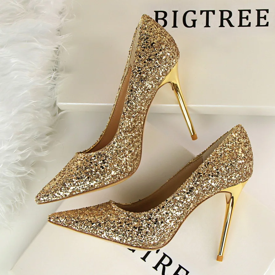 New Autumn Cinderella Shoes Women Bling Sequined Cloth Fashion High Heels Shoes Woman Pumps Pointy Toe Ladies Party Wedding Shoe