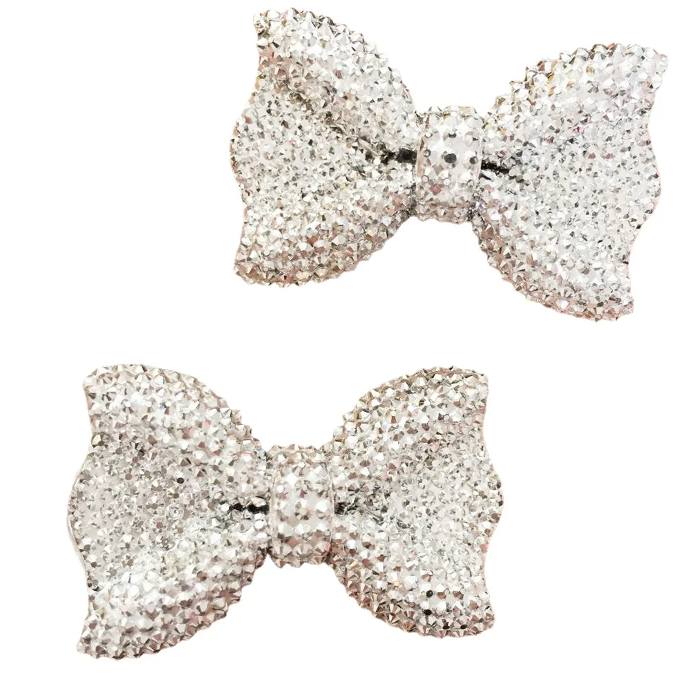 2pcs Bling Resin Big Silver Bow Flat Back  Stone Appliques DIY Wedding Scrapbook Ornament  Hairpin Accessories Craft SF563