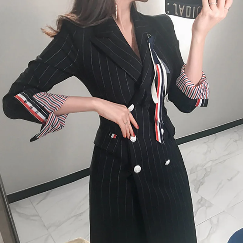 2022 Women Long Sleeve Double Button Bodycon Wrap Dress  Autumn Winter Black Dress Women Print Striped Midi Blazer Dresses Women