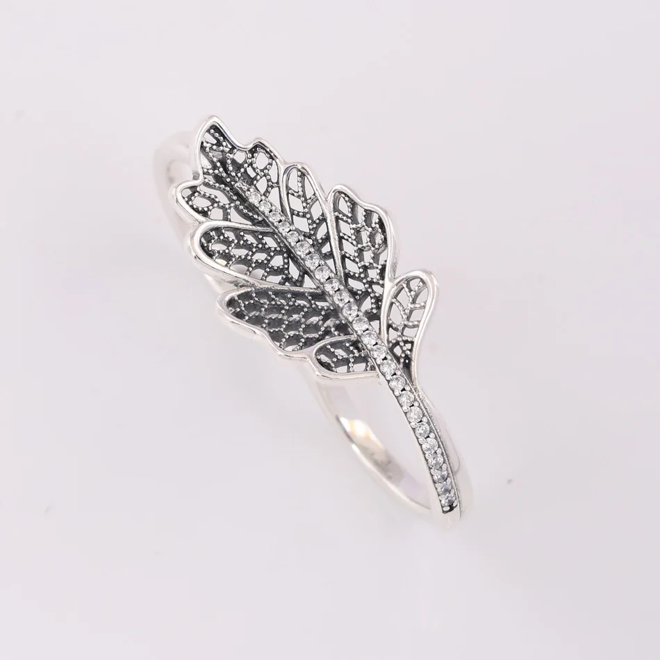 Pave Oak Leaf Ring For Women Authentic S925 Sterling Silver Lady Jewelry Girl Birthday Gift Clear CZ