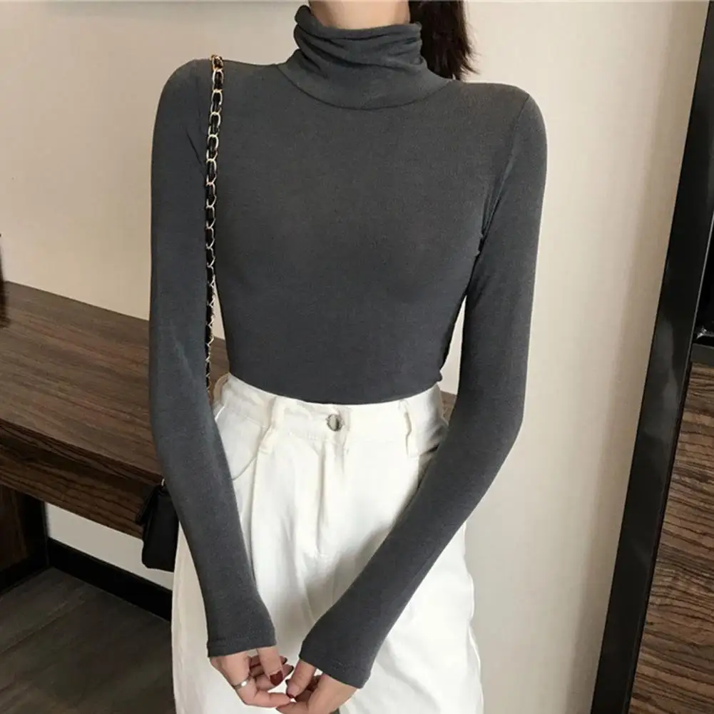 Dropshipping!!Women\'s Pullover Tops Slim-fit Thermal Solid Color High Collar Long Sleeve Sweater