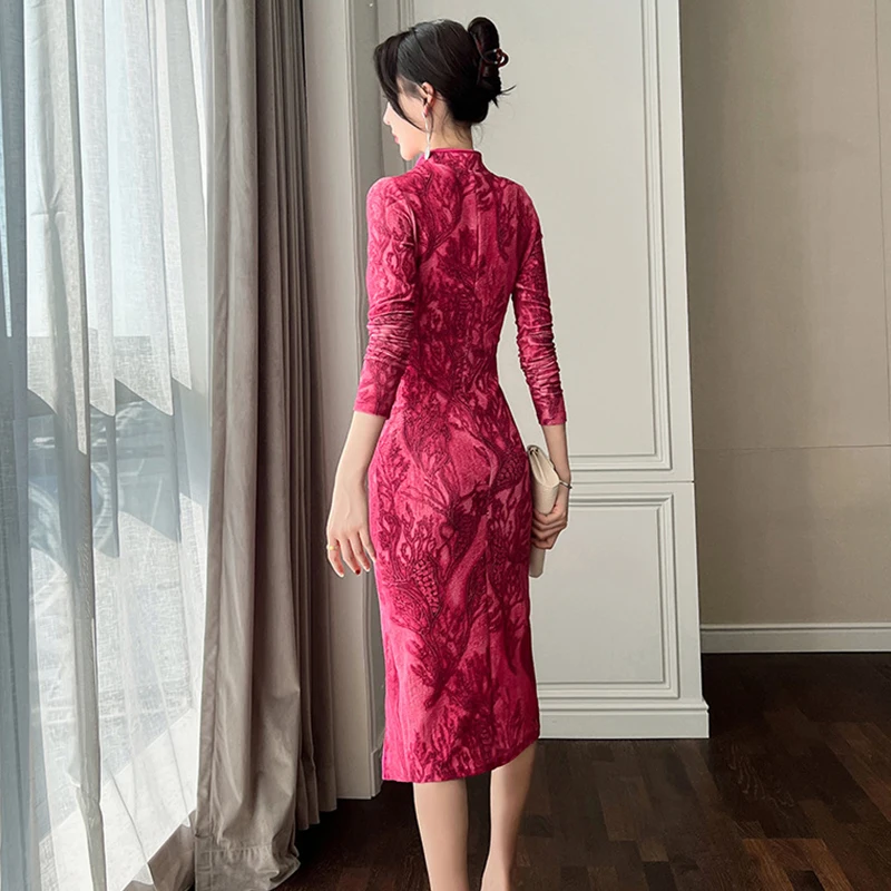 Fashion Chinese Style Women Coffee Break Vintage Midi Party Club Dress Elegant Temperament Sexy Folds Female Dress With Slit