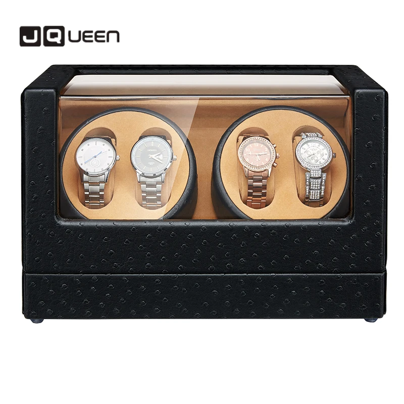 JQUEEN Automatic Watch Winder 4+0 Black Ostrich Pattern with Extremely Quiet Motor Large Capacity