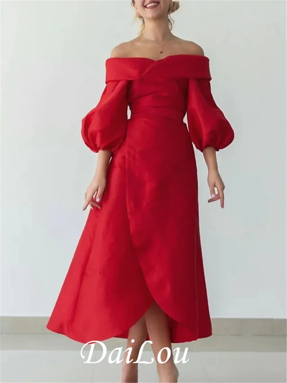 

Vintage Sexy Wedding Guest Formal Evening Dress Off Shoulder Half Sleeve Tea Length Taffeta with Sleek 2022