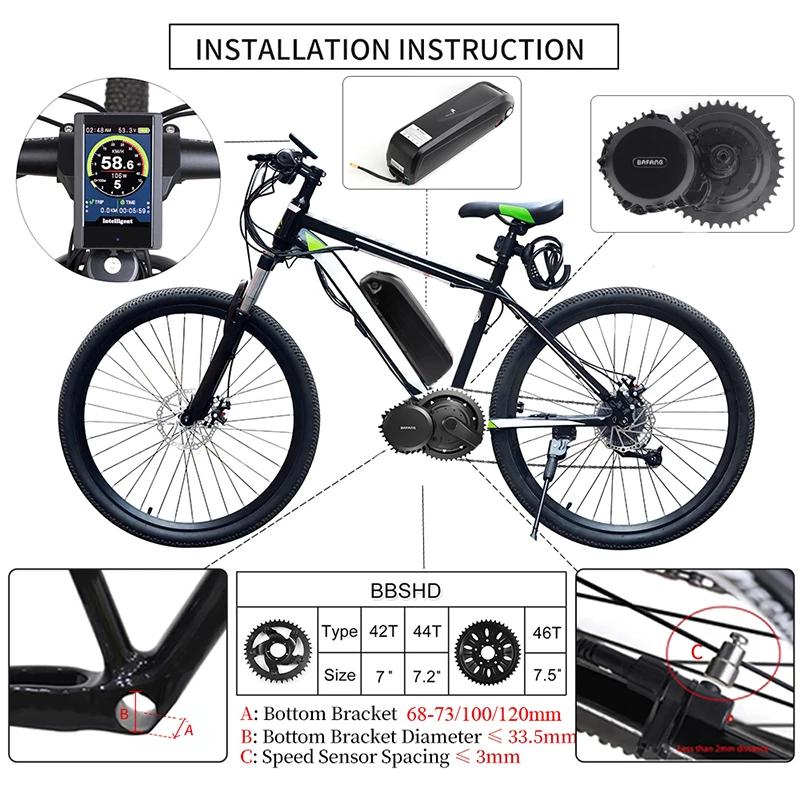 48V, 1000W, BBSHD, BBS03B,Bafang-Electric Bicycle Conversion Kits,  40T, Mid Drive Motor, BB 68-73mm, 8FUN, Powerful Motor Displ