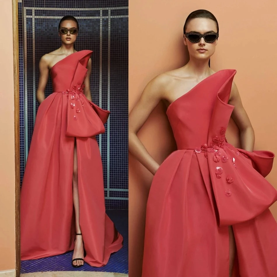 Vestidos de Noche formales de satén largos para mujer, vestido de fiesta de graduación sin mangas con cuello alto, apliques fruncidos grandes, bata de boda dividida