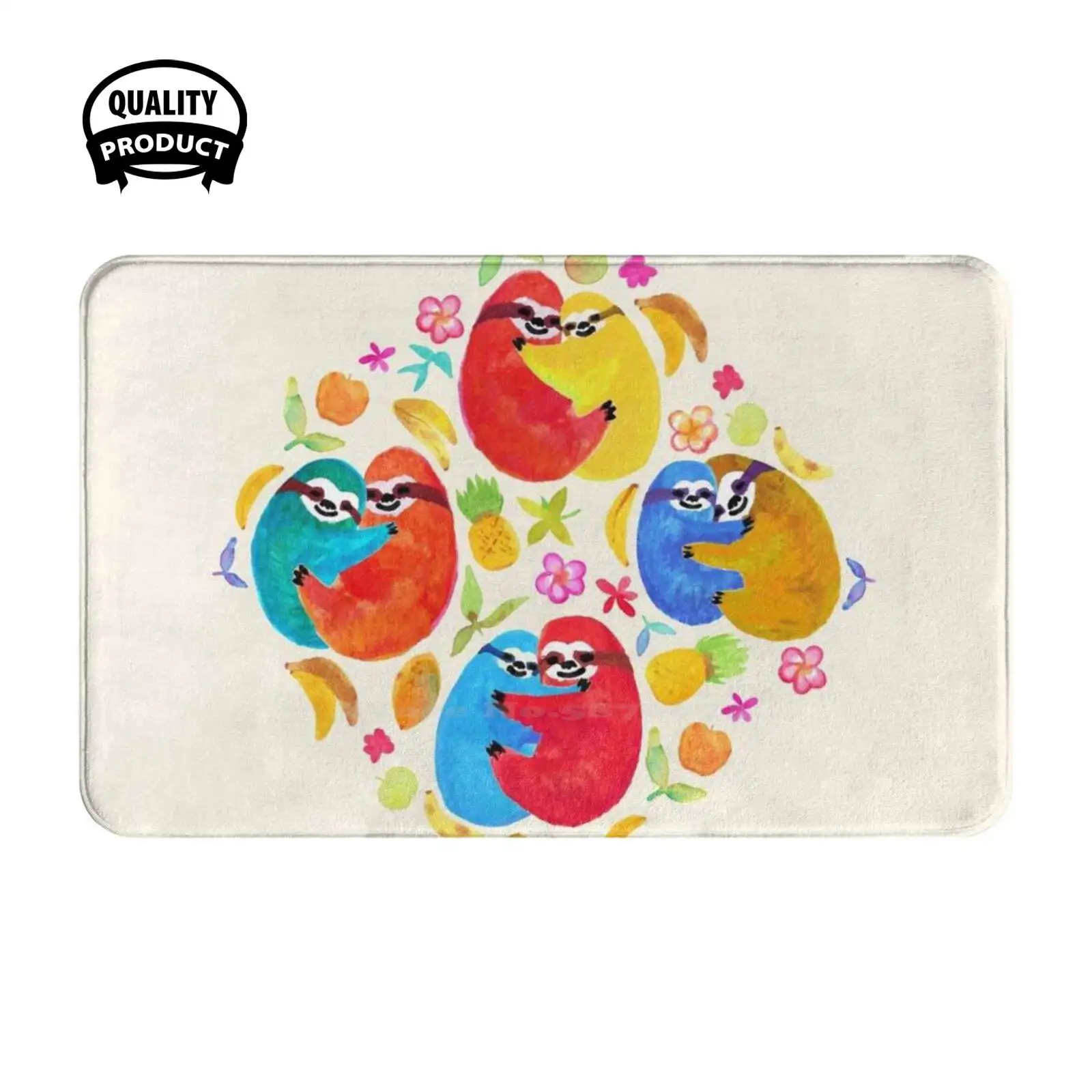 Happy Huggy Fruit Loving Sloths Soft Cushion Home Carpet Door Mat Car Rug Tropical Sloths Animals Cute Colorful Kids Love