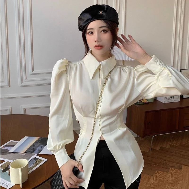 Shirts Women Vintage Fashion Design Puff Sleeve Sexy Split Spring Autumn Harajuku Elegant Office Lady Casual Tunic College Retro