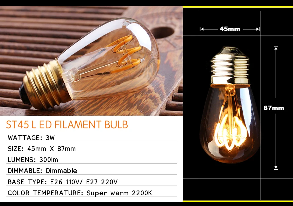 Retro dimmbare LED Edison Glühbirne E27 3W Gold Spiral-Filament ST64 G125 Ampoule LED Lampe Glühbirne Kronleuchter Dekorative Beleuchtung – Detail 5