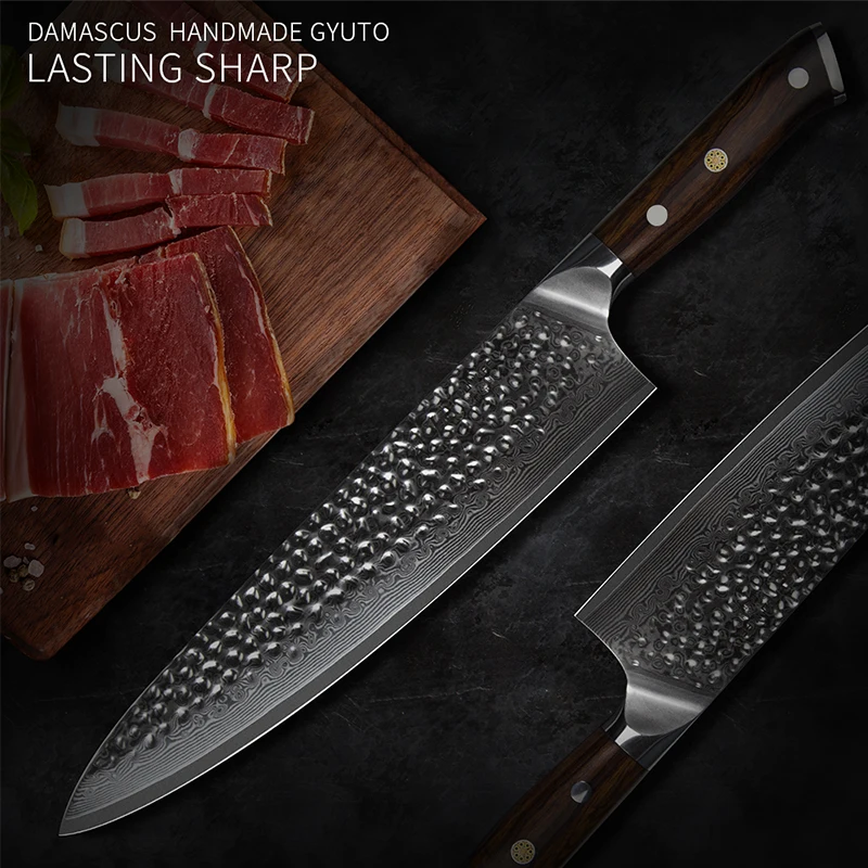 PEDWIFE Full Tang Damascus Steel Knife Gyuto Knife Professional Kitchen Knives Cooking Knife Desert Ironwood Wooden Handle