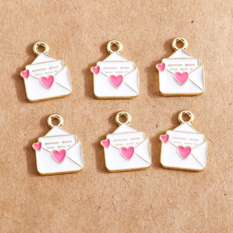 10pcs Enamel Pink Heart Envelope Charms for Jewelry Making Cute Earring Pendant Bracelet Necklace Charms DIY Findings 11*15mm