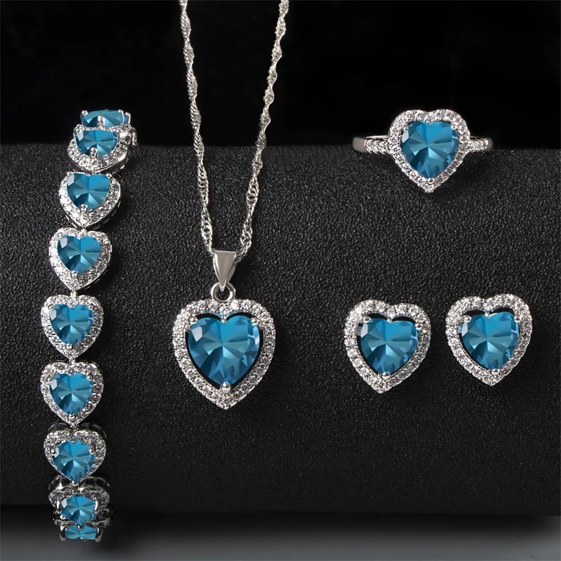 

Jellystory jewelry set 925 sterling silver jewelry with heart shaped sapphire ring earrings necklace bracelet for female wedding