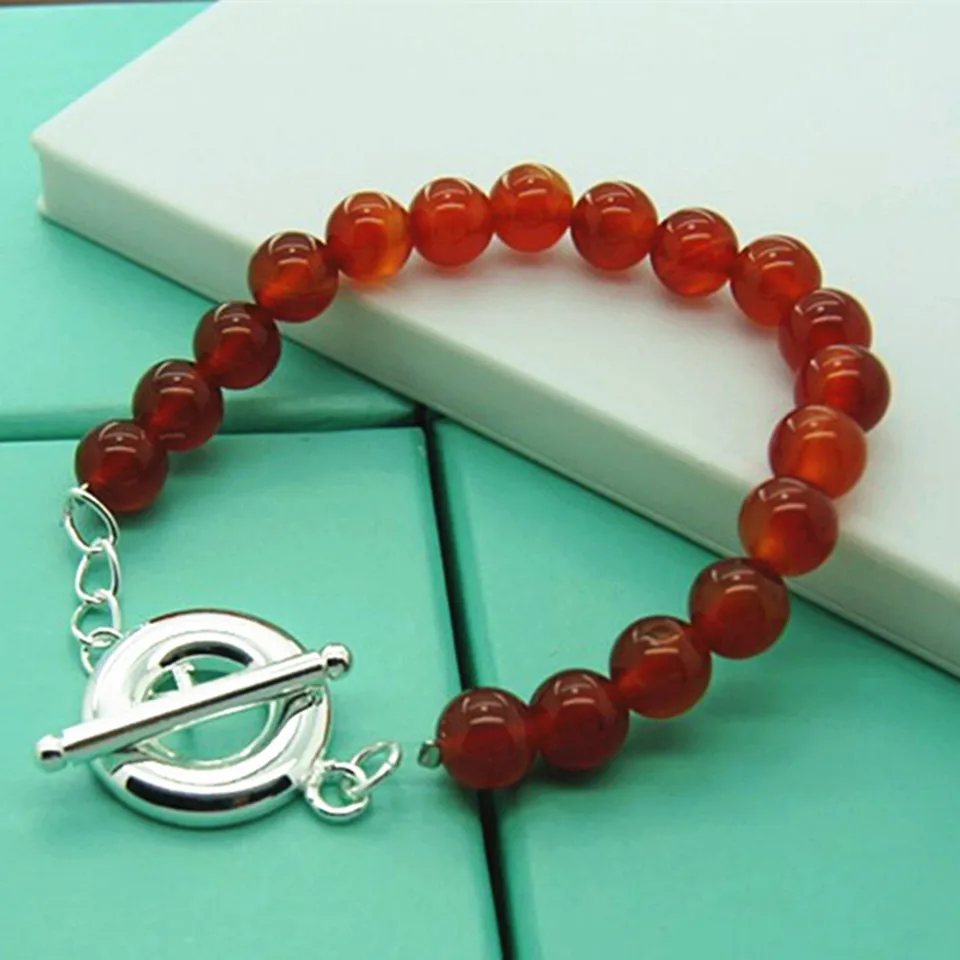 Pulsera de ágata roja con hebilla OT de Plata de Ley 925 para mujer, abalorio para boda, compromiso, joyería de fiesta de moda