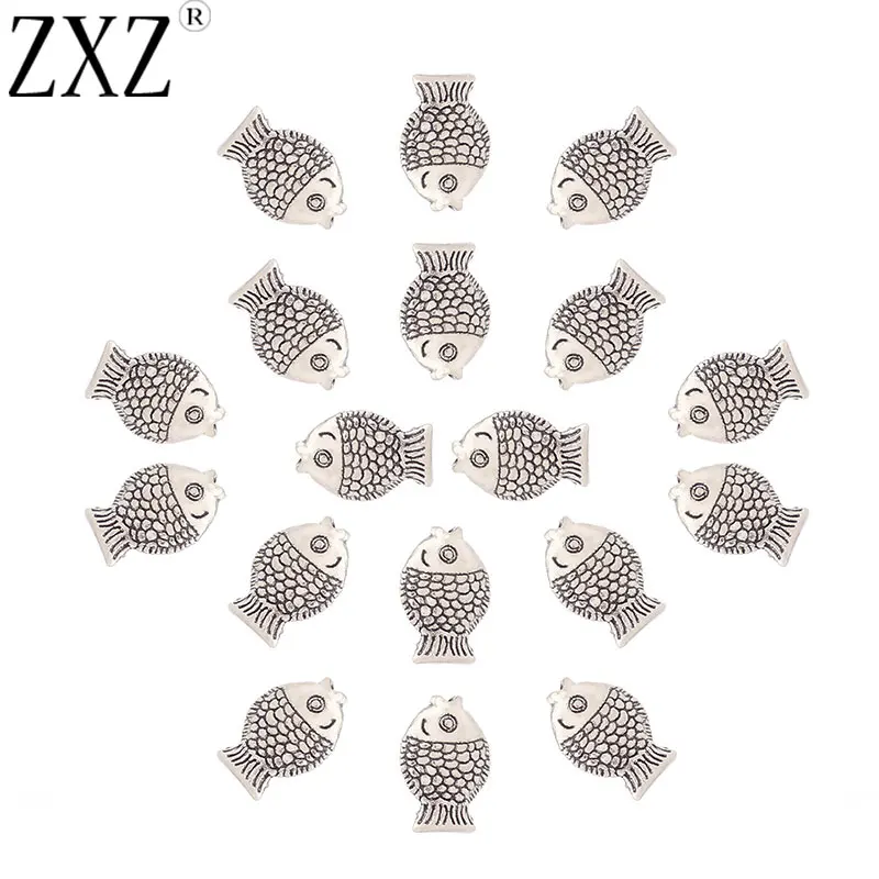 ZXZ 50pcs Tibetan Silver Tone Fish Spacer Beads Charms for DIY Jewelry Making Findings 12x8mm