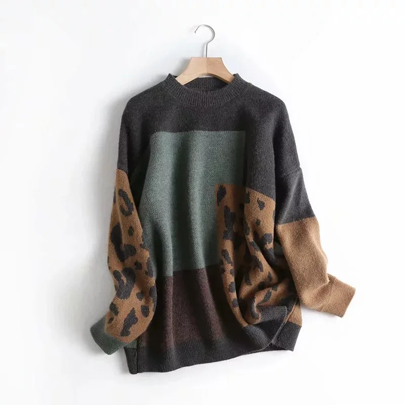 2023 Women Leopard Sweater And Pullovers O-Neck Long Sleeve Vintage Knitted Women Sweater Autumn Pullovers Tricot Pull Femme