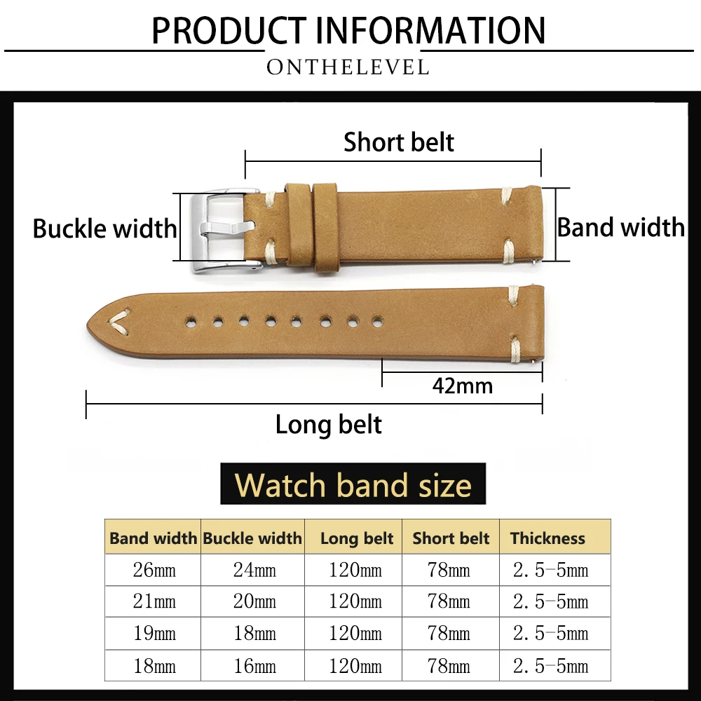 High Quality Genuine Leather Watch Strap Band 18mm 19mm 21mm 26mm Retro Handmade Stitching Wristband Replacement Watch Strap