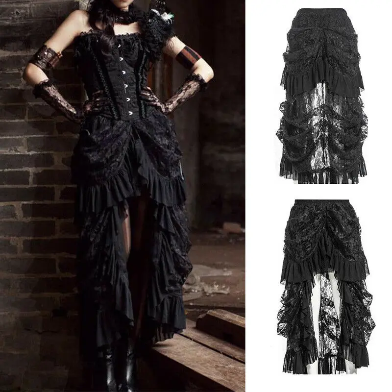 New Women Retro Victorian Lace Up Steampunk Gothic Goth Punk Long Skirt Ruffle Dress