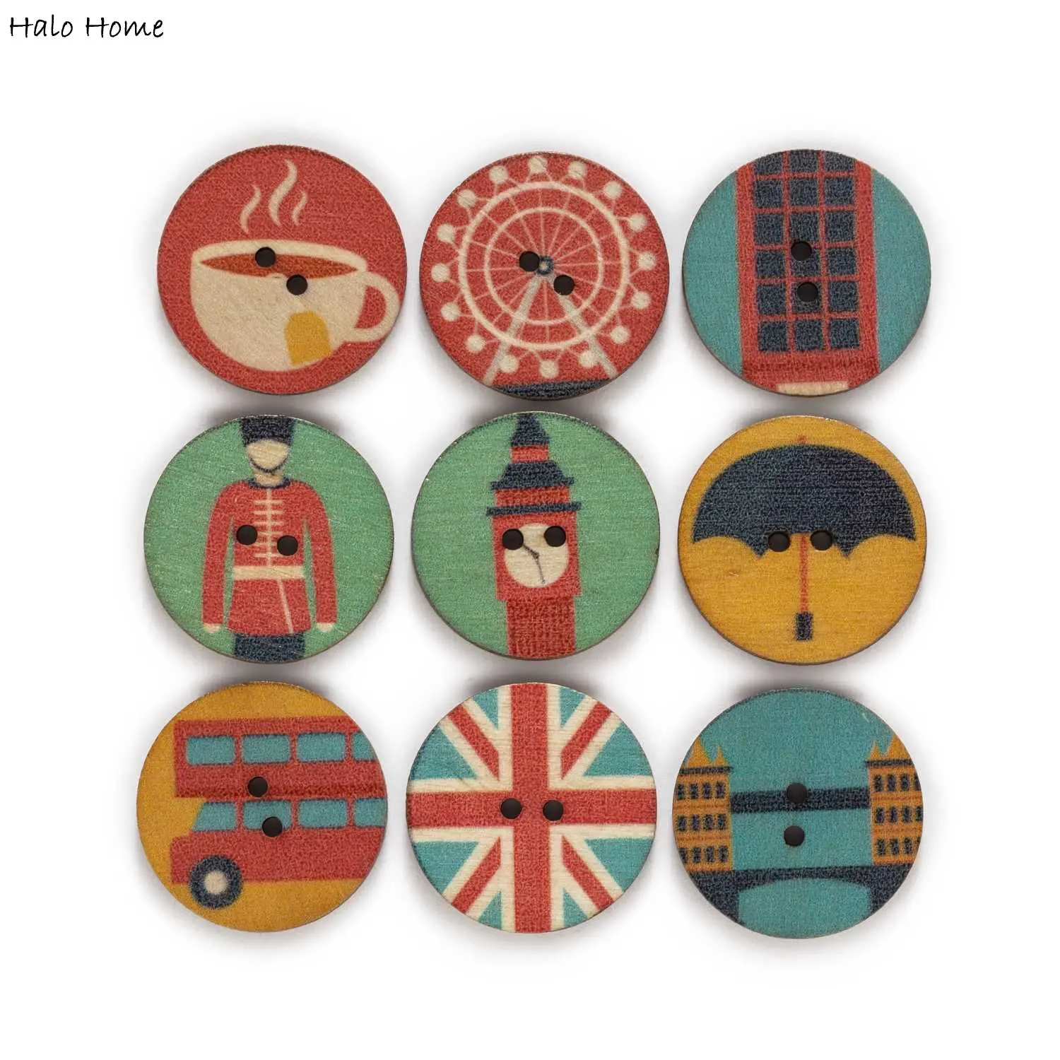 50pcs Round England Casual London Bus Print Wooden Button Handwork Sewing Scrapbooking Clothing Crafts Accessories Card 15-25mm