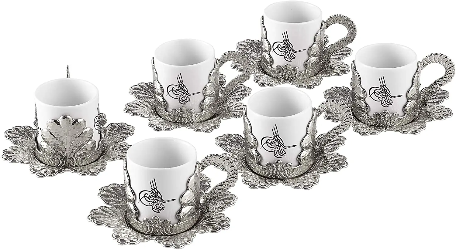 LaModaHome Ottoman Tughra Seal Coffee Cups with Saucers Set of 6, porcelain Turkish Arabic Greek Coffee Cup and Saucer, Coffee C