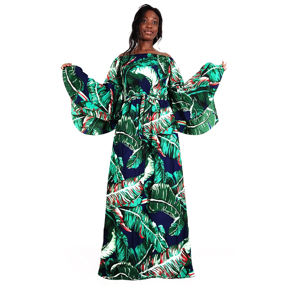 

Dashikiage 2019 Latest Arrivals African Dashiki Palm Leaf Pattern Print Of Shoulder Butterfly Sleeve Fashion Women Long Dress