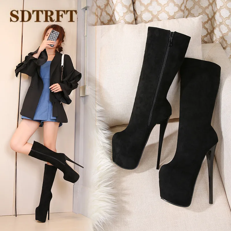 SDTRFT pole dancing 20cm thin heels Stiletto Leopard Knee-high boots platform women pumps ladies shoes Plus:34-46 47 48 49 50