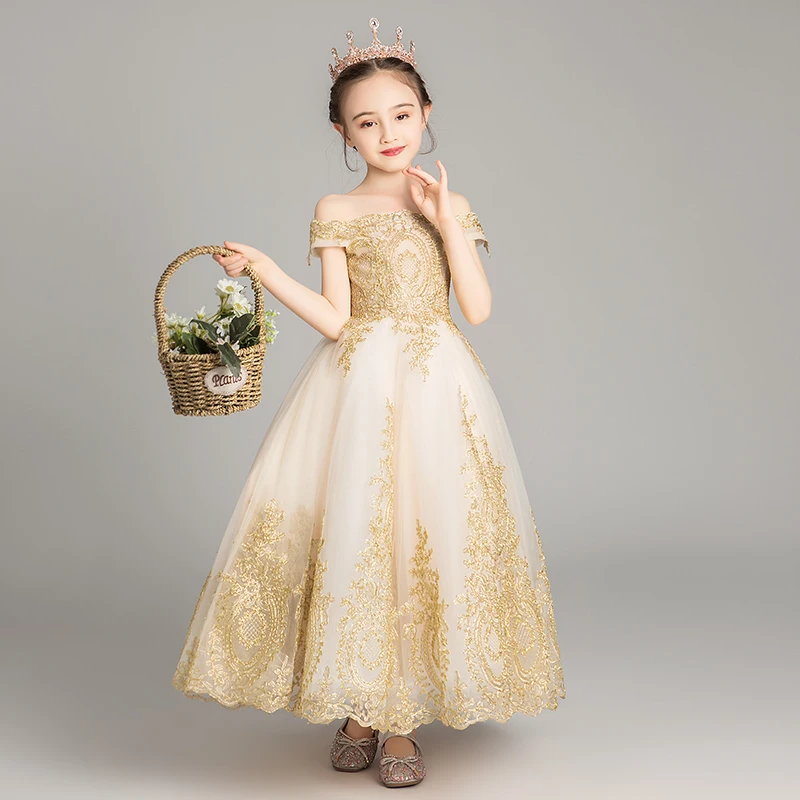 Off Shoulder Girl Wedding Dress Golden Sequin Lace Kids Party First Communion Gown Kids Baptism Pageant Gown Flower Girl Dresses