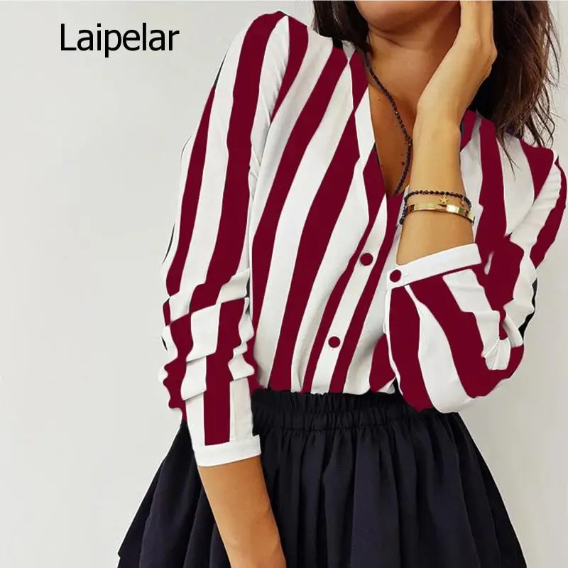 2020 New Blouse Women Casual Striped Top Shirts Blouses Female Loose Blusas Autumn Fall Casual Ladies Office Blouses Top Sexy