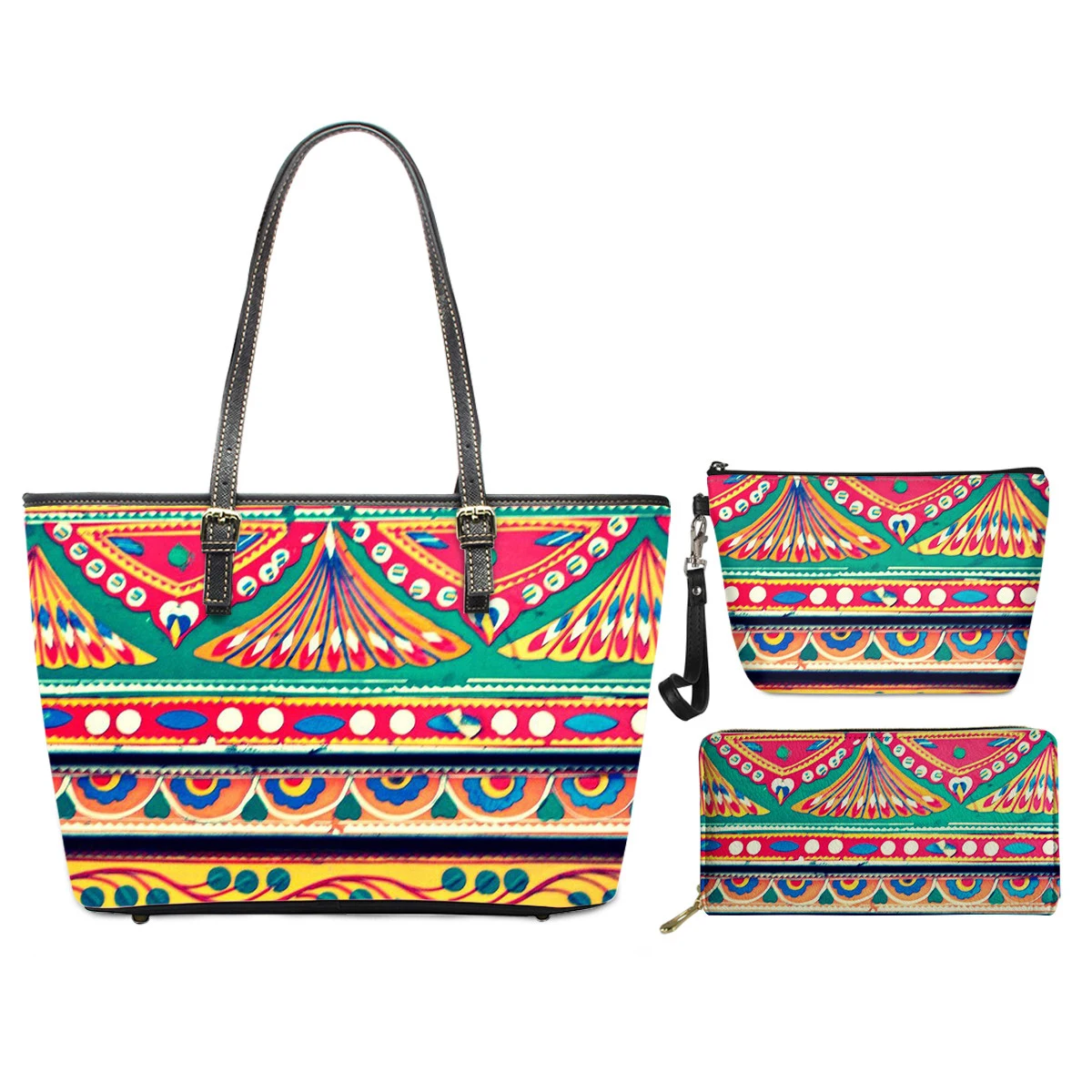 

Colorful Africa Art Design Pattern Handbag 3Pcs Set Casual Fashion Hand Bag Leather PU Shoulder Bag for Woman Gift