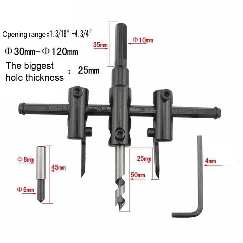 Imagem -04 - Ferramenta para Cortar Buraco em Madeira Conjunto de Brocas Ajustáveis com 30 a 120 mm