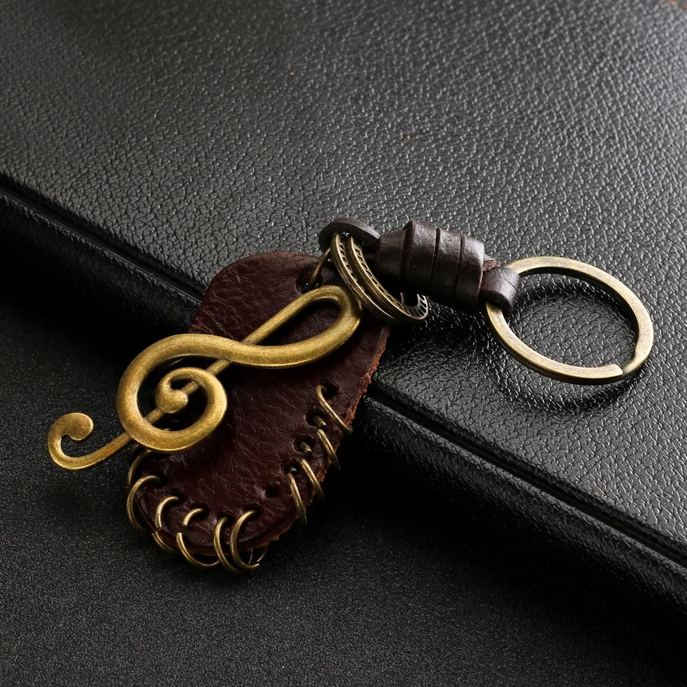 Vintage Genuine Leather Wing Compass Music Symbol Keychain Handwork Alloy Accessories Men Keychain for Friendship Gift Handbag