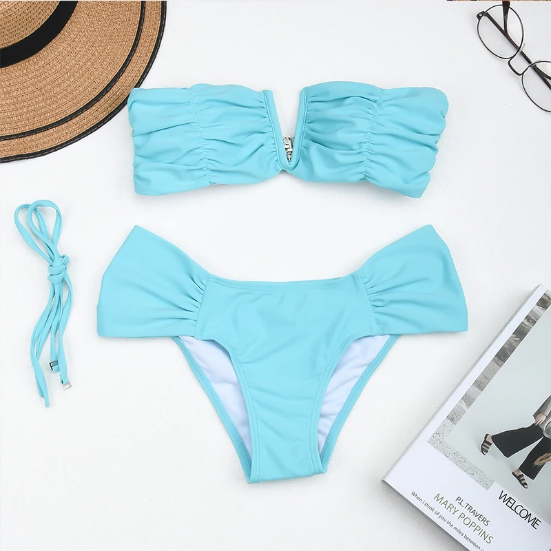 JyoJyo Sexy v neck swimsuit women Solid pleated bikini set 2021 Push up swimwear female 2 piece bathing suit Summer bathers new