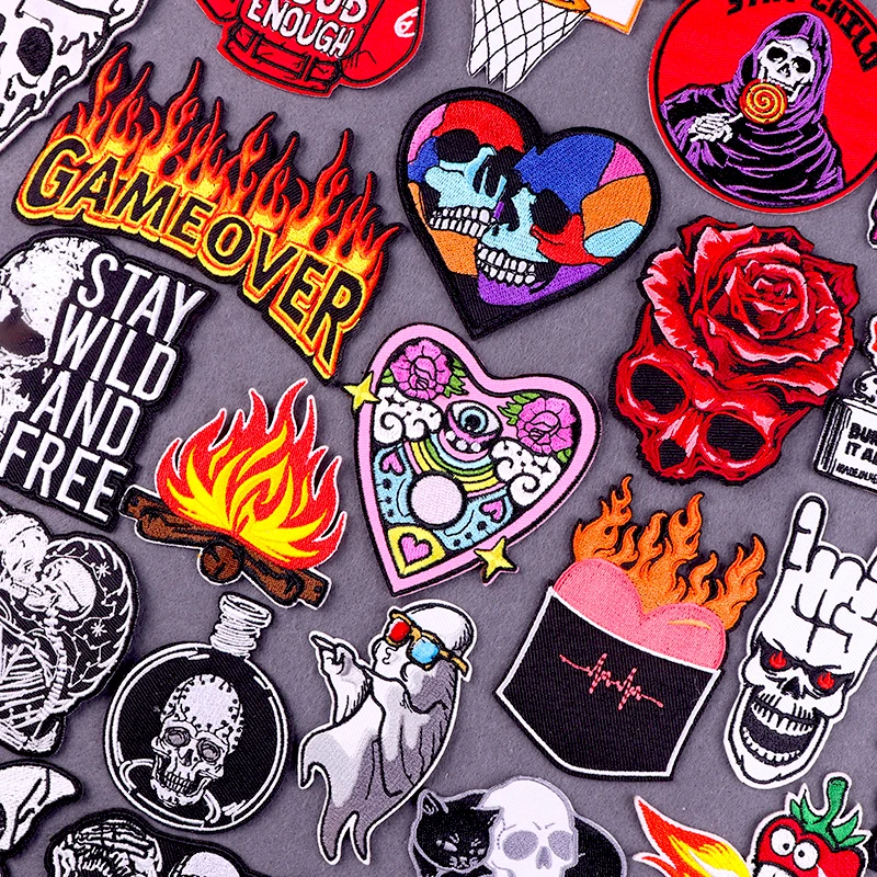 

Hippie Flame Embroidered Patches For Clothing Thermoadhesive Vinyl Punk Skull Patch Iron On Patches On Clothes Stickers Badges