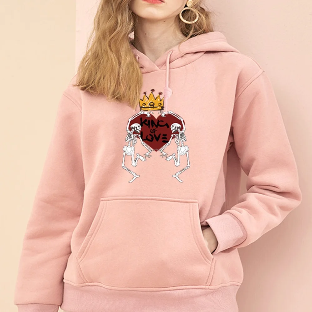 Sweat à capuche à manches longues pour femmes, surdimensionné, poche de sport, pull Harajuku drôle, couronne de crâne, amour imprimé, hauts décontractés pour filles