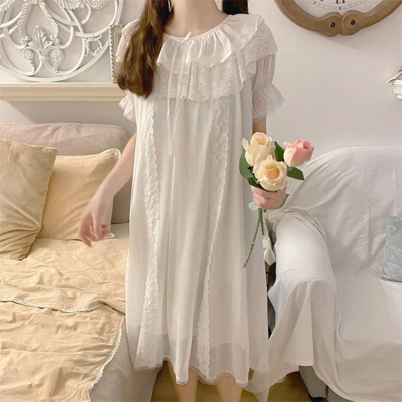 Princess Sleepwear Women Lolita Nightie White Lace Mesh Peignoir Fairy Night Dress Victorian Vintage Nightgown Kawaii Nightdress