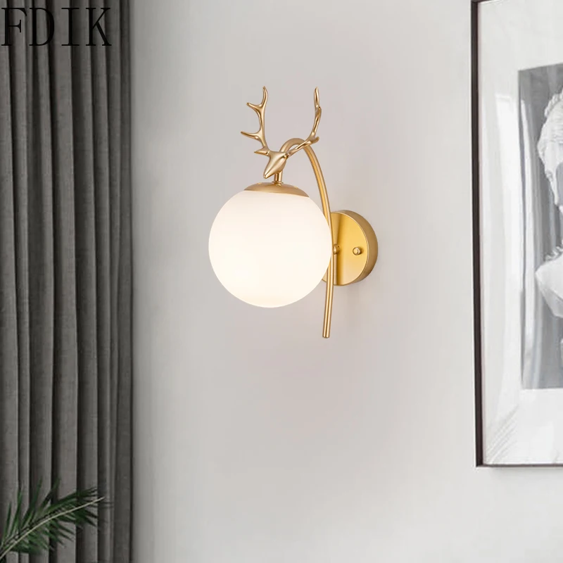 

Post Modern Creative Antlers Wall Lamp Nordic Round Glass Sconces for Home Bedroom Kitchen Bathroom Vintage Decor Light Fixture