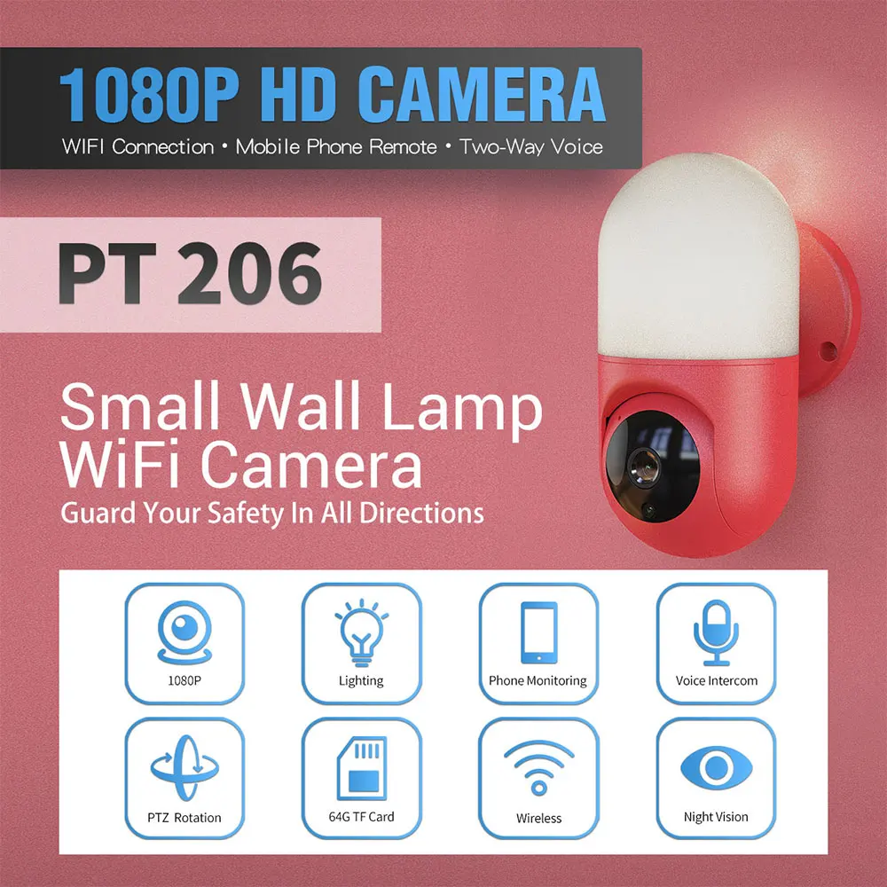 

ESCAM PT206 Wall Lamp WIFI IP Camera Yoosee APP AI Humanoid Motion Detection Wireless 360 Degree PTZ Baby Monitor