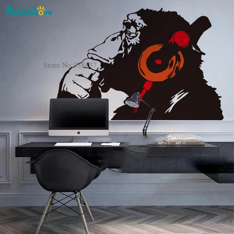 Banksy Chimp Head Listening to Music Gorilla With Headphones Decal Home Living Room Decor Removable Vinyl Wall Sticker BD209