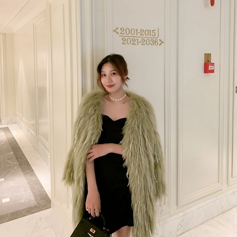 Party Evening Real Fur Coat Women Winter Elegant Sheep Shearing Sequined Tassel Outerwear Luxury Wool Cashmere Cardigan jacket