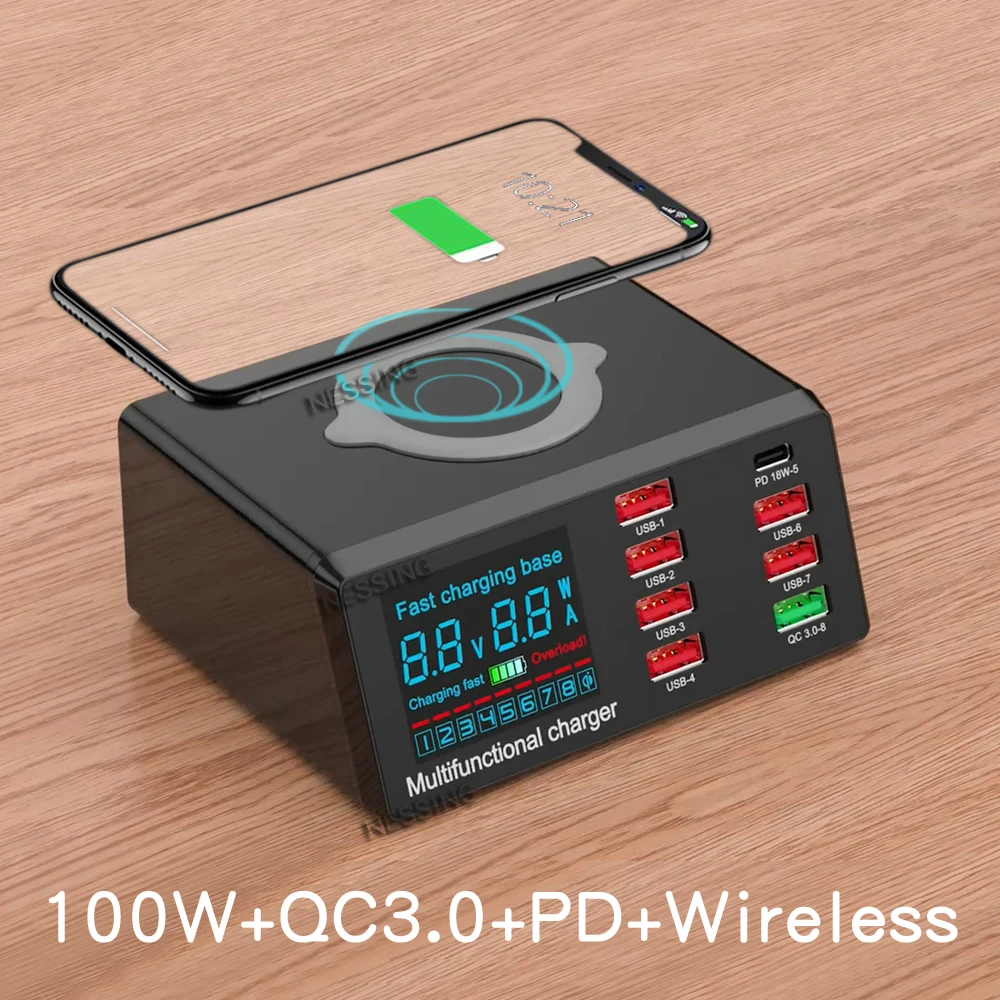 

100W PD QC 3.0 Quick Charger Stand Multi USB HUB LED Display Charging Dock Station Fast Wireless Charger Pad for iPhone Samsung